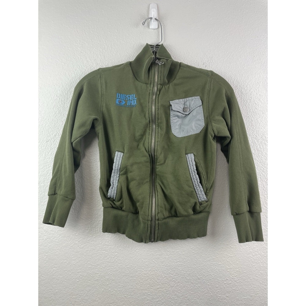 Diesel Sweatshirt Boys Size 8 Green‎ Full Zip Mockneck Graphic Print Logo Cotton